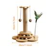 Solid Wood Cat Scratching Post Activity Center Natural Sisal Wrap Multi-Layer Turntable Platform With Rolling Catnip Balls Hanging Pom-poms & Spring