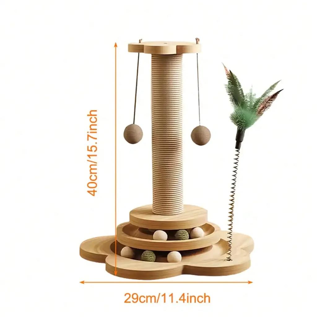 Solid Wood Cat Scratching Post Activity Center Natural Sisal Wrap Multi-Layer Turntable Platform With Rolling Catnip Balls Hanging Pom-poms & Spring