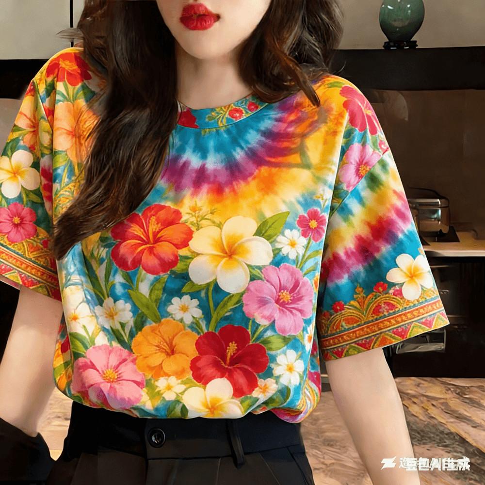 

Casual Printed T-Shirt with Floral Design - Suitable for Songkran Festival XXS