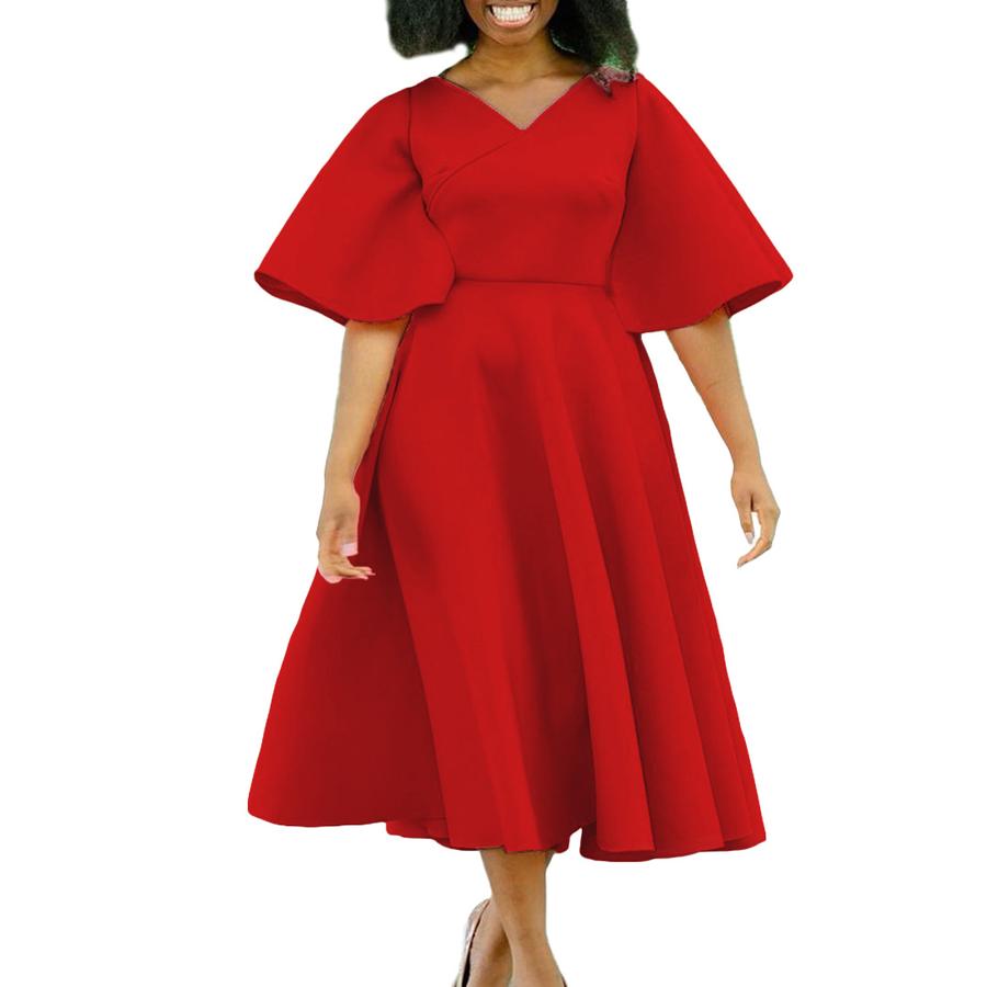 Neues Damenmode Elegantes Kleid mit Glockenärmeln und V-Ausschnitt
