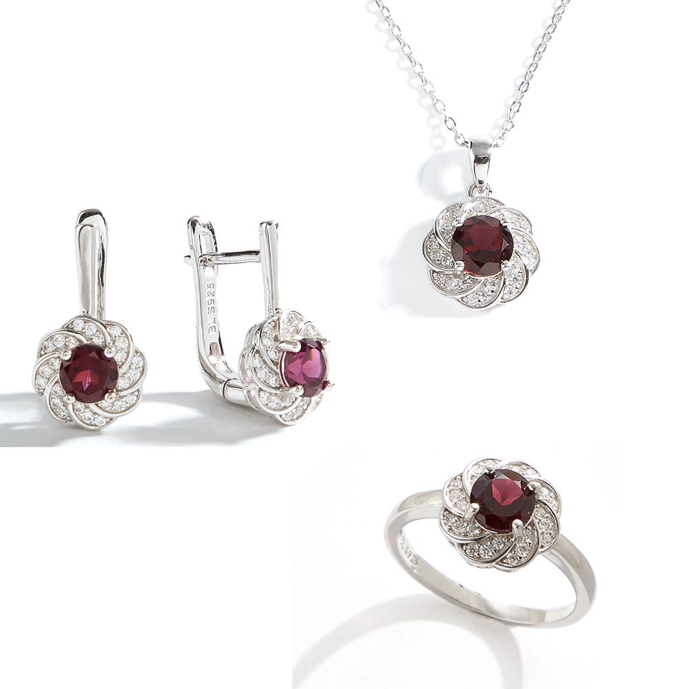

Срібло 925 проби натуральний гранат дизайн у формі квітки кільце сережки підвіска намисто набір вишуканих ювелірних виробів для жінок подарунки на день народження US RING SIZE:9# червоний