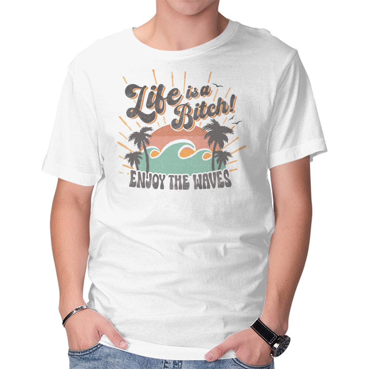 Unisex Crew Neck T-Shirt Enjoy The Waves Graphic Short Sleeve Casual Tee XS