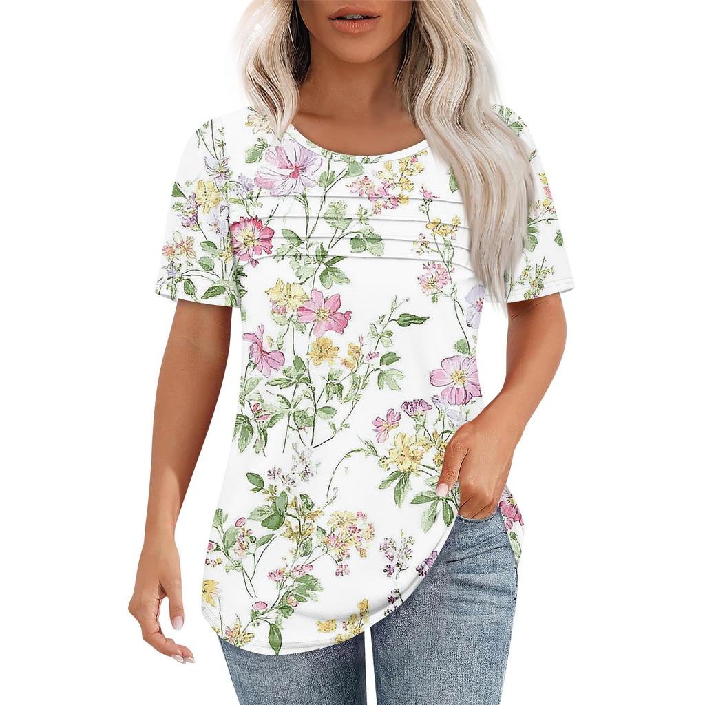 Women's Pleated Round Neck Botanical Print Short Sleeve T-Shirt Top