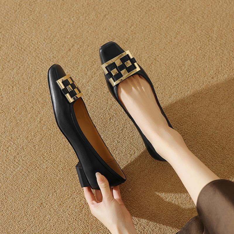 French Four Seasons Shoes Retro Light Mouth Square Head Low Heel Single Shoes Spring and Summer New Low Heel Commuter Versatile Black Women's