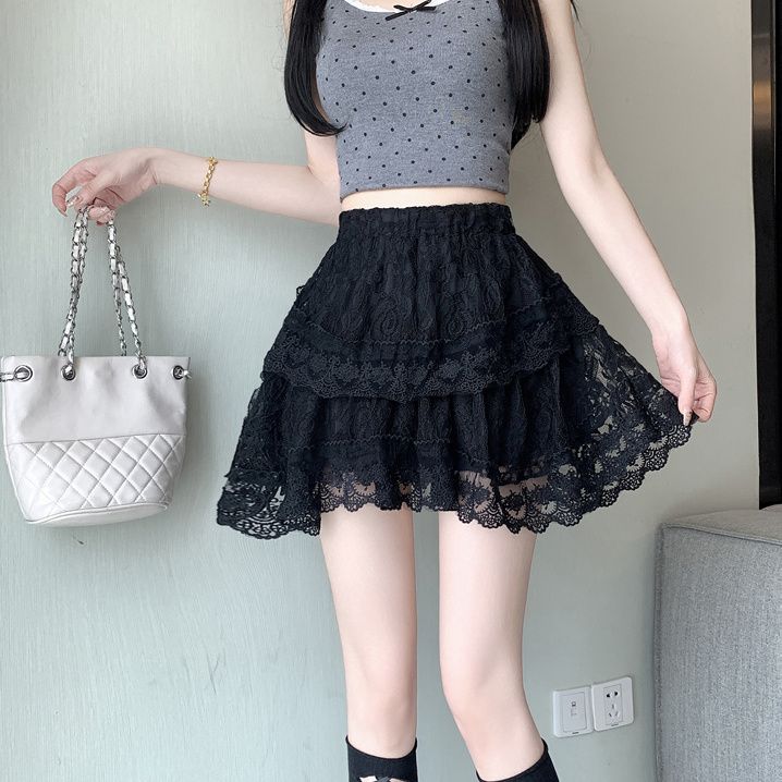 Sweet Lace Tiered Midi Skirt Women's Summer High Waist Slimming A-Line Princess Puff Short Skirt