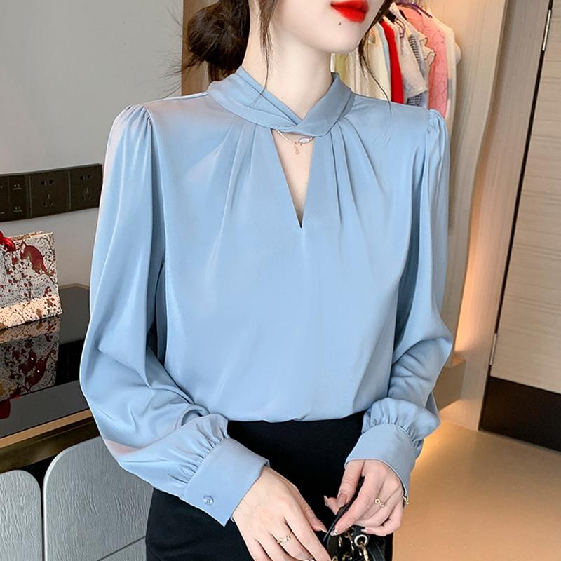 Fashion 2025 Spring Blouses Shirts Long Sleeve O-Neck Office Lady Black Blue Chiffon Blouse Shirt Women Tops J757