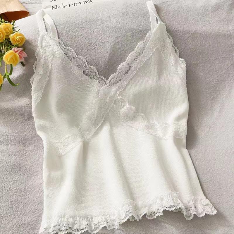 Women Summer 2025 Lace Fashion Tank Top Female Korean Style V Neck Sleeveless Sexy Blouse Cropped Knitwear