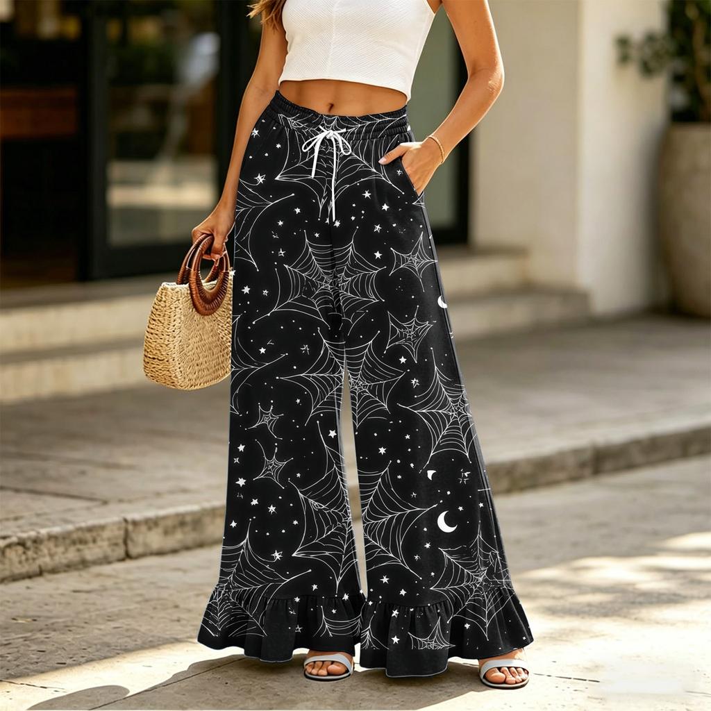 Women Wide Leg Pants with Pockets Halloween Print High Waist Drawstring Loose Casual Long Trousers for Daily Wear