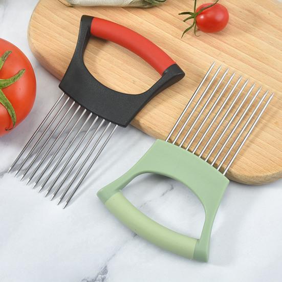 Stainless Steel Onion Holder & Slicer with 10 Prongs Hands-Free Vegetable Slicer for Onions Tomatoes Lemons Meat Kitchen Cutting Tool