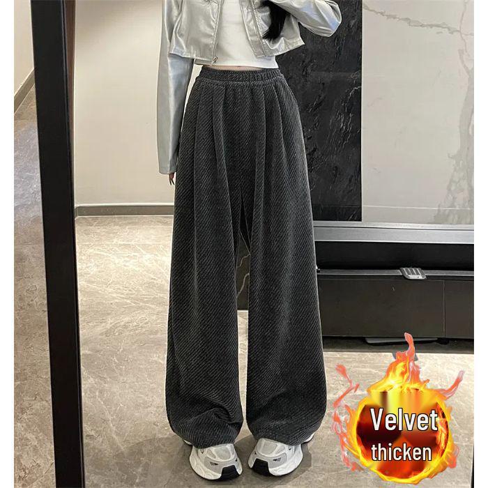 Women's 2024 Autumn/Winter Fleece-Lined Wide-Leg Striped Pants