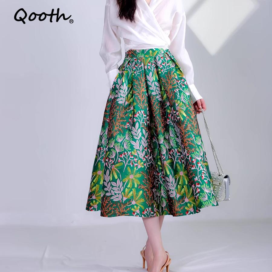 Qooth Summer Floral Skirt Calf Length Stitching Jacquard A Line Skirt Pleated Skirts QT1676