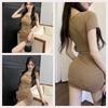 Bestmood Sexy Short Sleeve Open Neck Bodycon Short Slim Tight Dress Dress, Gathered, Length, Fit, T-Shirt Dress, Clubwear, (M Khaki)