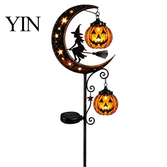 Holiday Seasonal Lawn Decor Solar Halloween White Ghost Pumpkin Moon Garden Stake Light, Waterproof LED Creative Gifts for Home Yard Decoration,