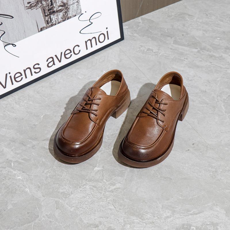 

Spring new women s shoes first layer cowhide small leather shoes retro lace-up single shoes women 40 коричневий