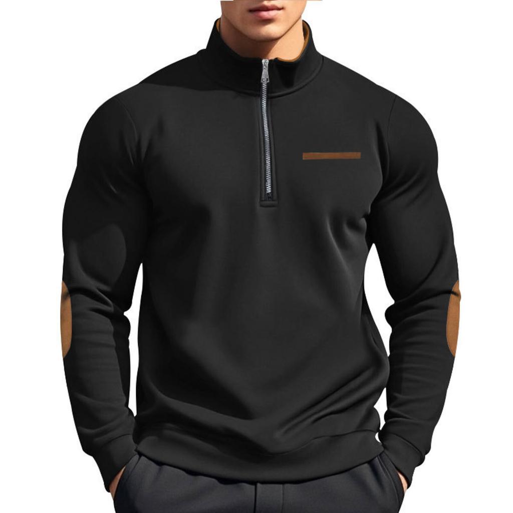 Men's Fleece-Lined Casual Half-Zip Stand Collar Patchwork Contrast Color Sweatshirt