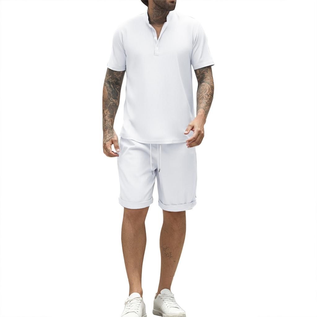 Men's Summer Solid Color Loose Short Sleeve Button Collar Top Shorts Set