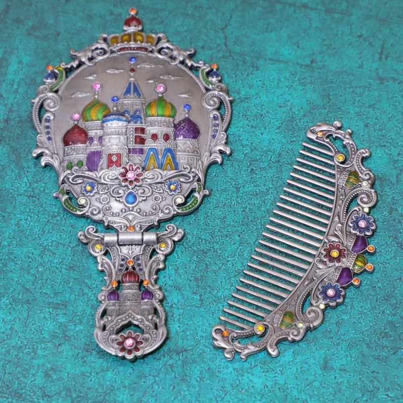 Tuban - Set: Castle / Butterfly / Peacock Alloy Handheld Mirror + Hair Comb (Various Designs)