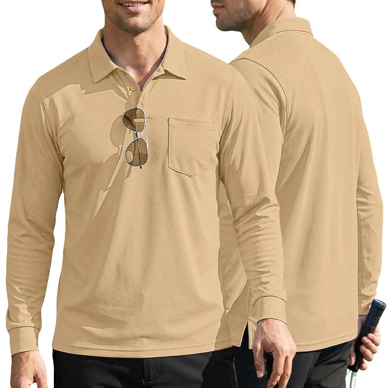 Men S Loose Fit Long Sleeve Solid Mesh Fabric Turn Down Collar Casual Outdoor Sport Polo Shirt