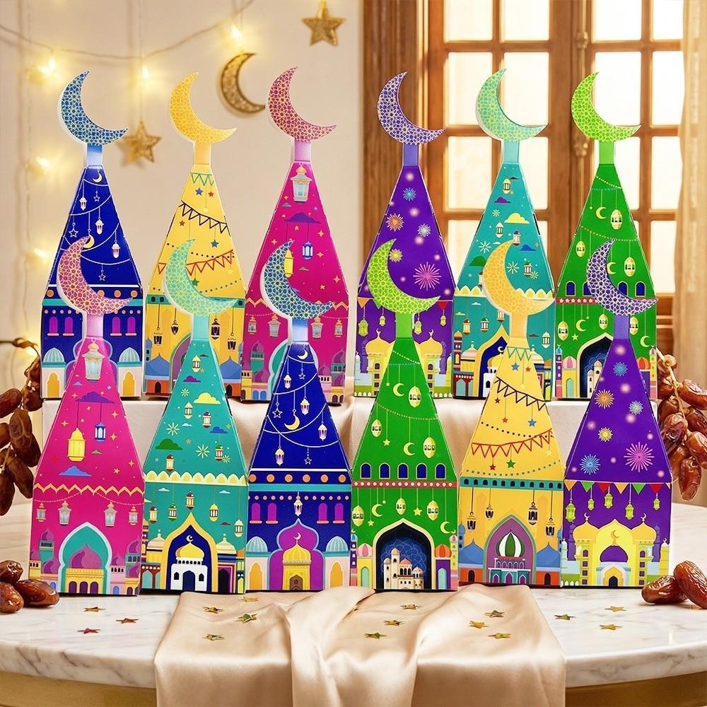12Pcs Favor Bags Eid Mubarak Gift Box Moon Castle Pattern Candy Packaging Box  Muslim Festival
