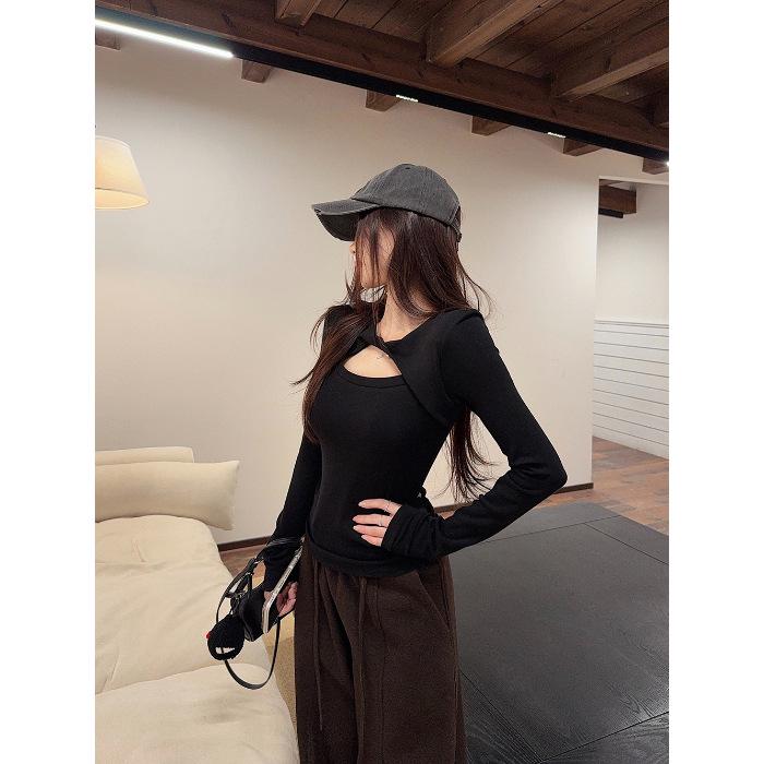 Gewindesamt Grau Ausgeschnitten Langarm-T-Shirt, Damen Slim Fit Herbst/Winter Basisschicht