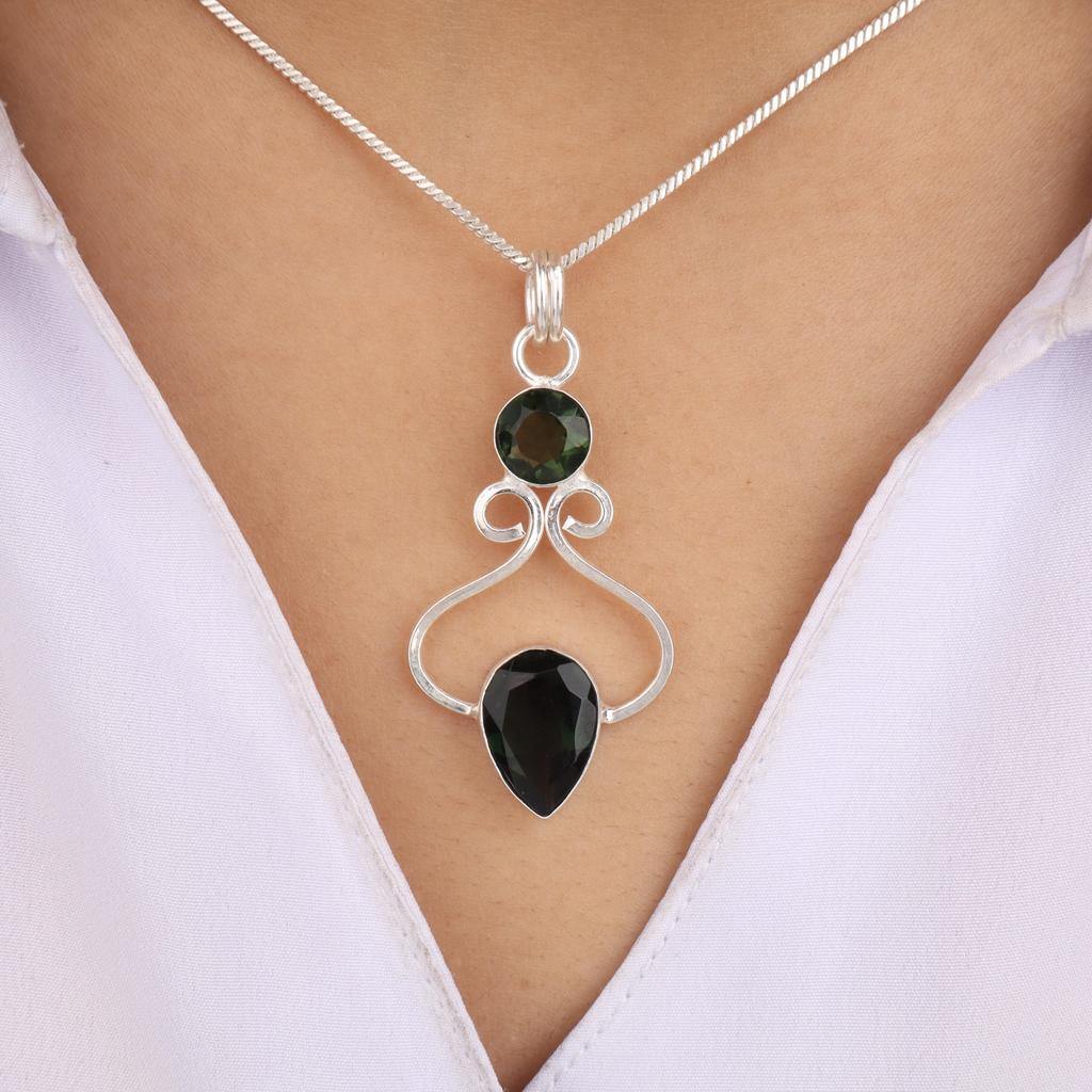 Green Tourmaline Gemstone 925 Sterling Silver Handcrafted Pendant 1.60" Gift For Her PP-13-32