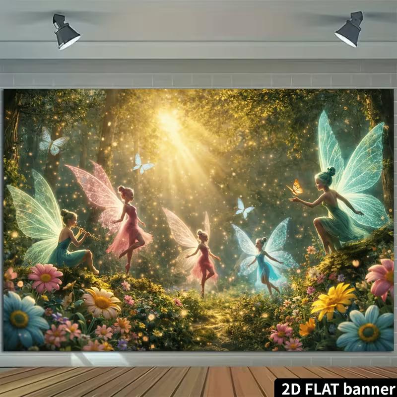 2D Verzauberter Wald Fee Kulisse Blumige Sonnenlicht Party Foto Booth Banner