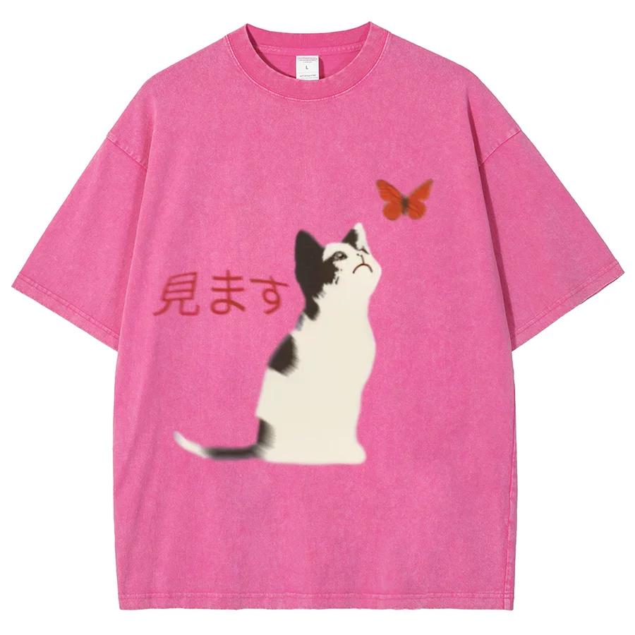Fit Washed Oversized T-Shirt Casual Women Cotton Washed T-Shirts Summer Beach Simple Cat Print Streetwear Clothes
