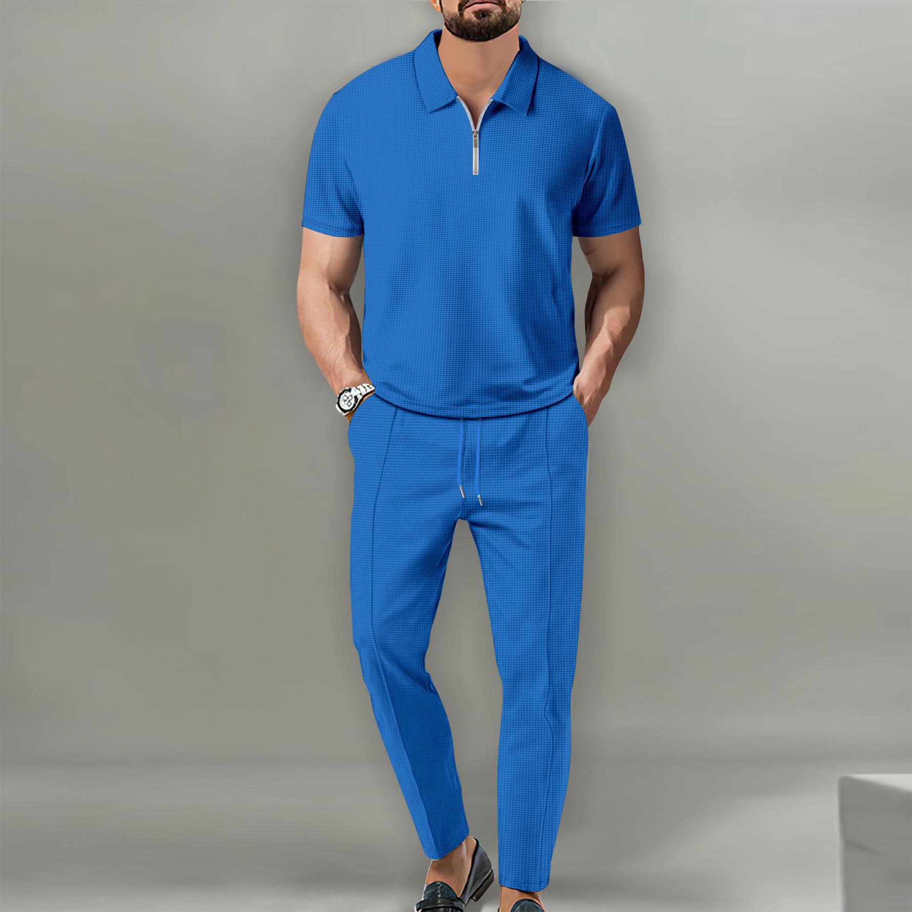 

2025 Spring/Fall Men s Solid Color Waffle Knit Set with Turn-Down Collar Short Sleeve Top and Zipper Long Pants XL синій