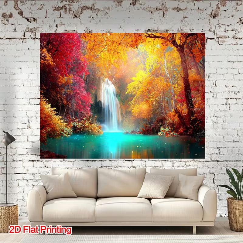 2D Flat Printed Autumn Waterfall Forest Background Cloth