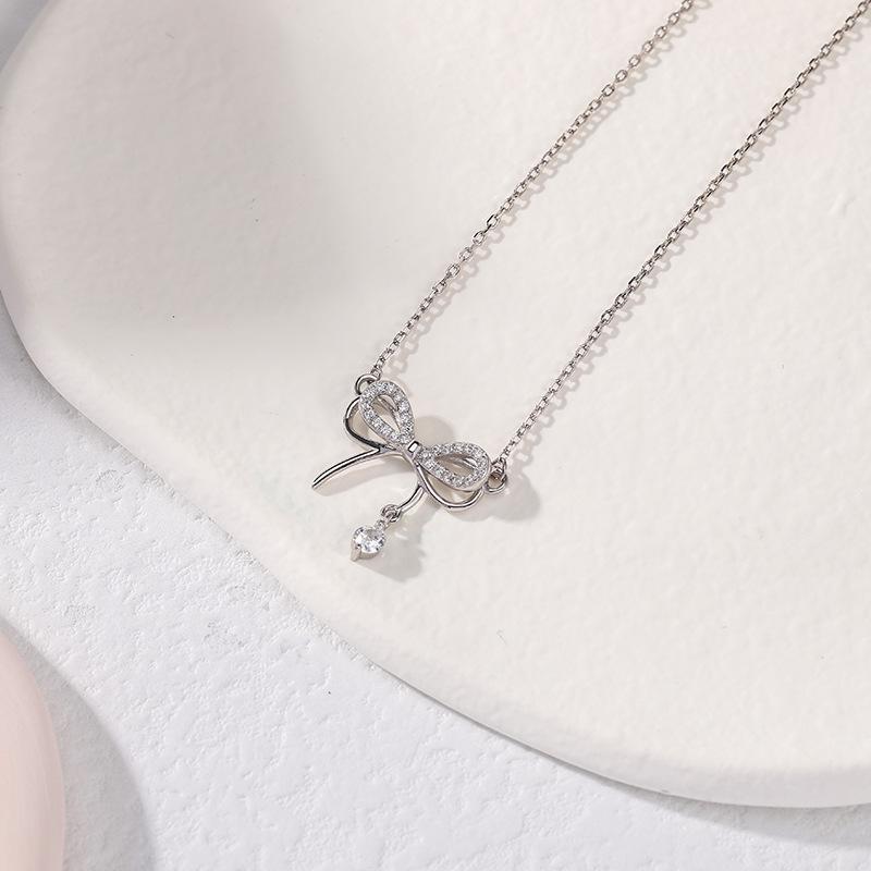 925 Sterling Silver Bow Necklace - Women's Light Luxury Summer Style 2024 Clavicle Chain