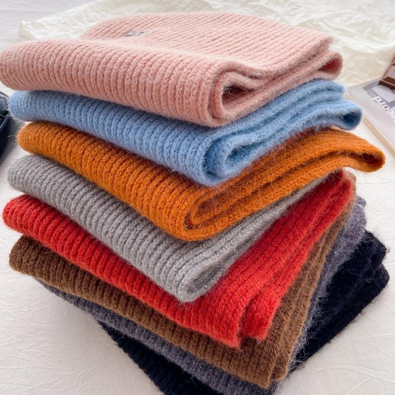 Simple knitted small scarf containing wool, women's autumn and winter age reduction versatile solid color warm cross wool scarf