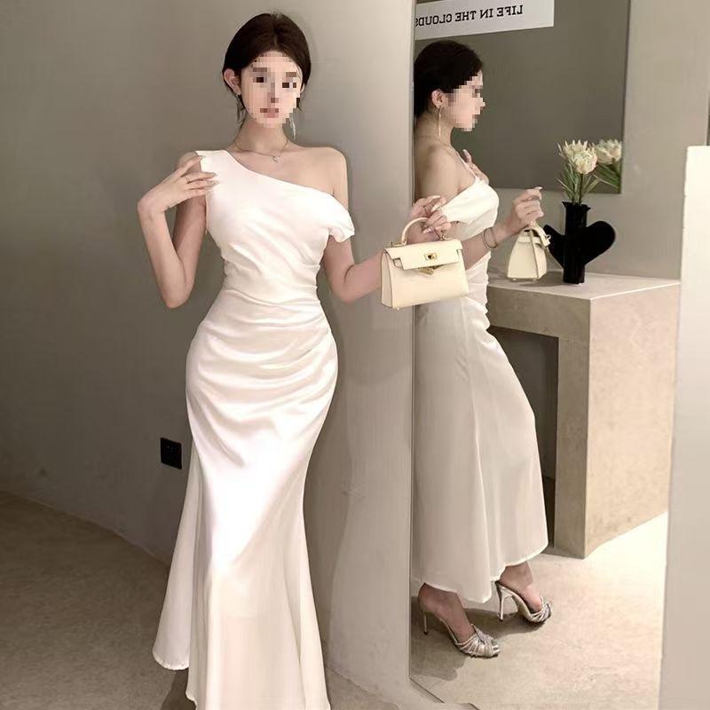 French Socialite Style Satin One-Shoulder Mermaid Maxi Dress - Elegant Draped Neck Bodycon for Women Spring Summer Formal Gown.