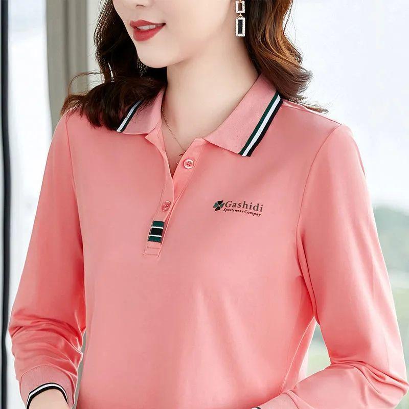 Women's Plus Size Long Sleeve Lapel Polo Shirt - Casual Autumn Top for Middle-Aged Moms