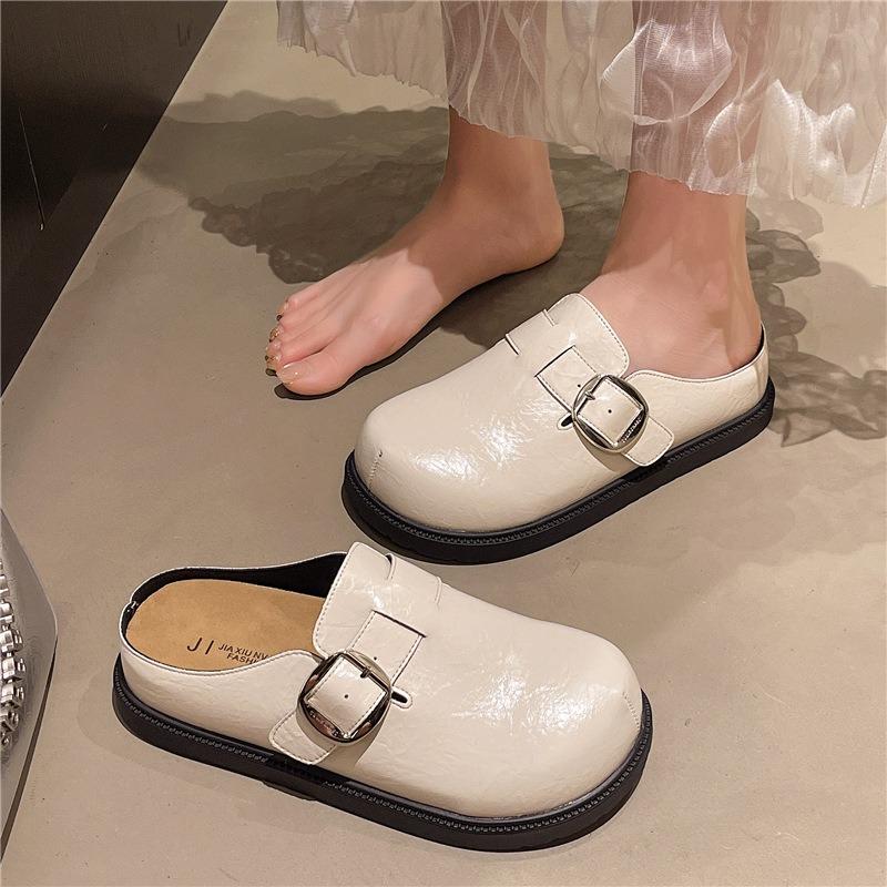 Retro style simple belt buckle bag head slippers women's autumn half drag fashion one pedal commuter thick-soled love slippers