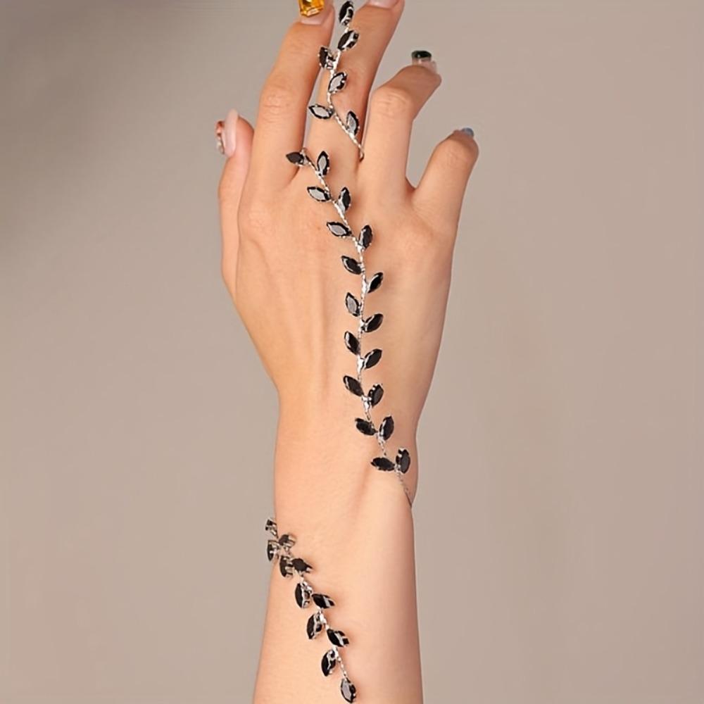 Simple Leaf Cubic Zircon Hand Palm Bracelet Rhinestones Bridal Wedding Bangle Daily Wear