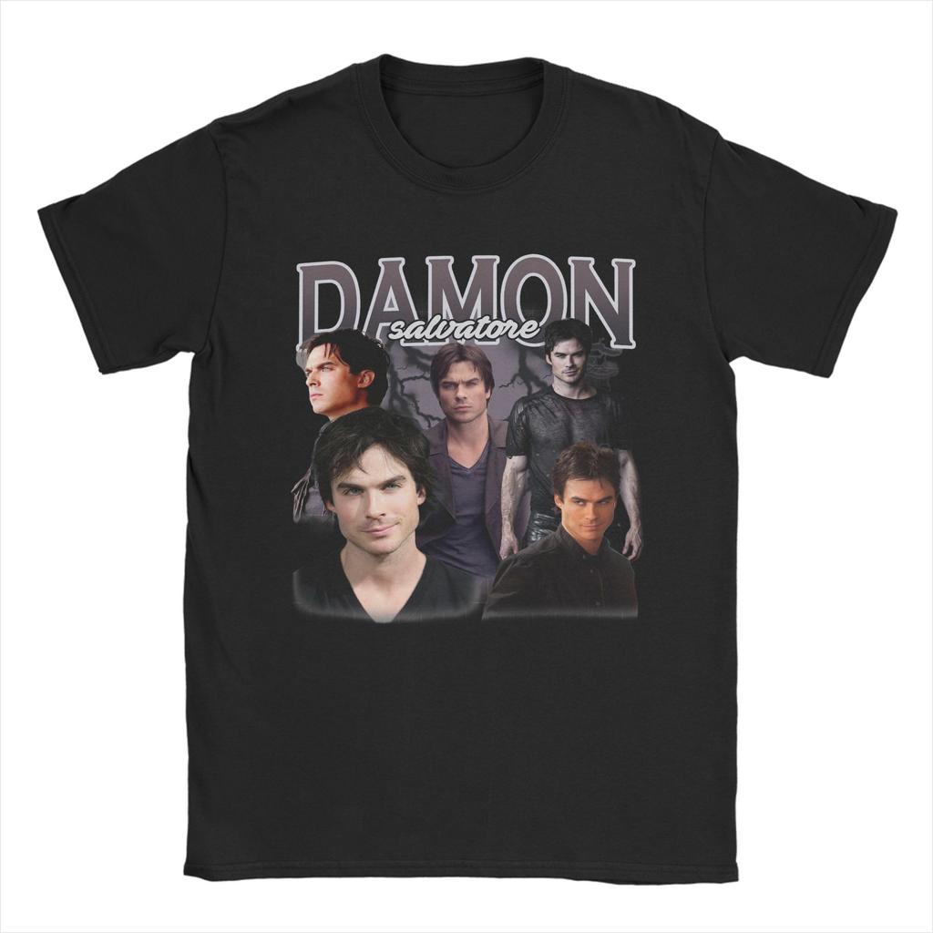 Damon Salvatore TShirts for Unisex Crewneck Pure Cotton T Shirts The Vampire Diaries Ian Somerhalder Short Sleeve Tees Clothing