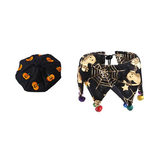 Halloweenský klobouk čarodějnice a set šály s bryndákem se vzorem lebky a pavučiny, obojek pro domácí mazlíčky se zvonkem a set klobouku čarodějnice/baretu dýně pro malé psy a kočky