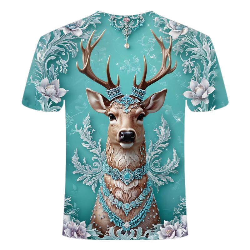 Summer Elk 3D Pattern Short Sleeve T-shirt Loose Summer Trendy Fashion Men's and Women's Round Neck T-shirt