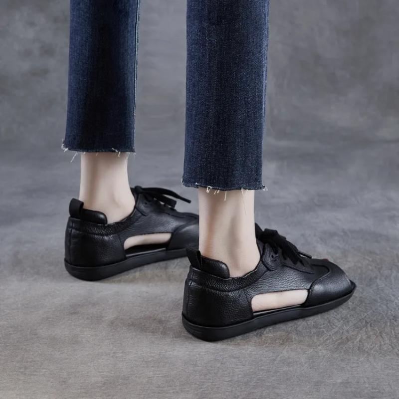 Johnature Sandalias Peep Toe de Cuero Genuino Retro de Suela Plana con Cordones Zapatos de Mujer de Suela Blanda