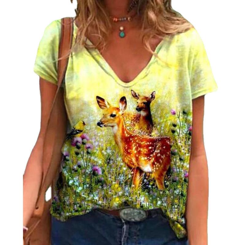 Trendy Women's Casual T-shirt Top V-neck Loose Short Sleeved Top Digital Printed 3D T-shirt