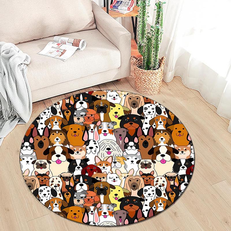 Polyester Round Area Rug, Puppy Print, Non-Slip Chair Mat, Velvet Carpet, for Bedroom, Living Room, Home Decor, Bedside