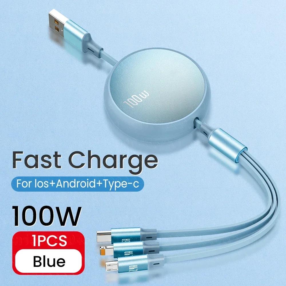 3 in1 Fast USB Cable 6A 100W Data Cable Retractable Portable Charging Line Micro USB Type C Charger Cable For Iphine / Samsung