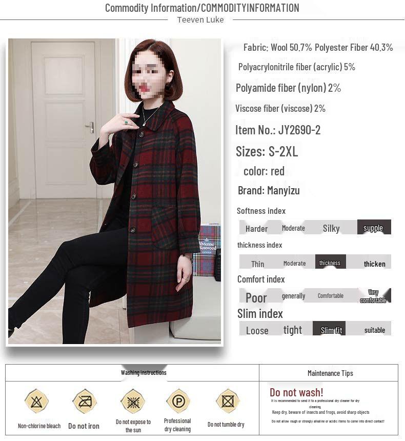 Women's Red Plaid Wool Coat - Korean Style, Autumn/Winter 2025, Double-Sided for Middle-Aged and Elderly