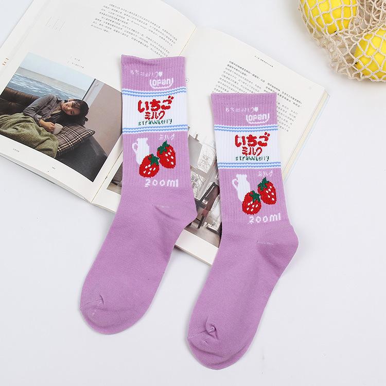 Creative High Quality Fashion Harajuku Kawaii Happy Socks Women milk Food painting Strawberry Animal Print Funny Socks Cute Sock