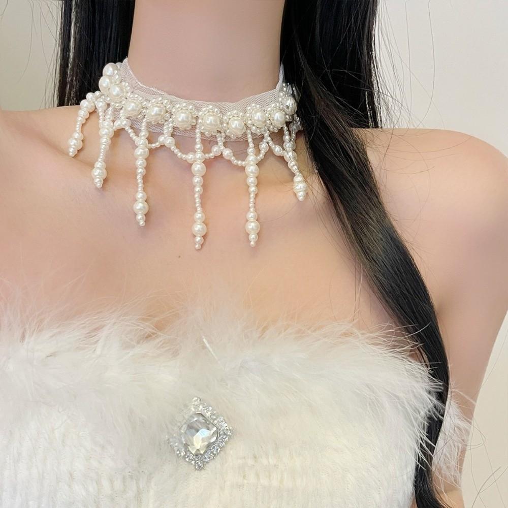 Creative Pearl Lace Choker Zinc Zinc Alloy Mesh Neck Jewelry Neck Pendant Tassel Beads Necklace Women