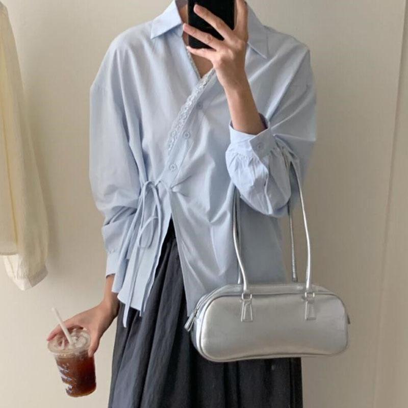 French Retro Lace Patchwork V Neck Shirts Women Fashion Irregular Long Sleeve Shirt Korean Design White Blouse S синий