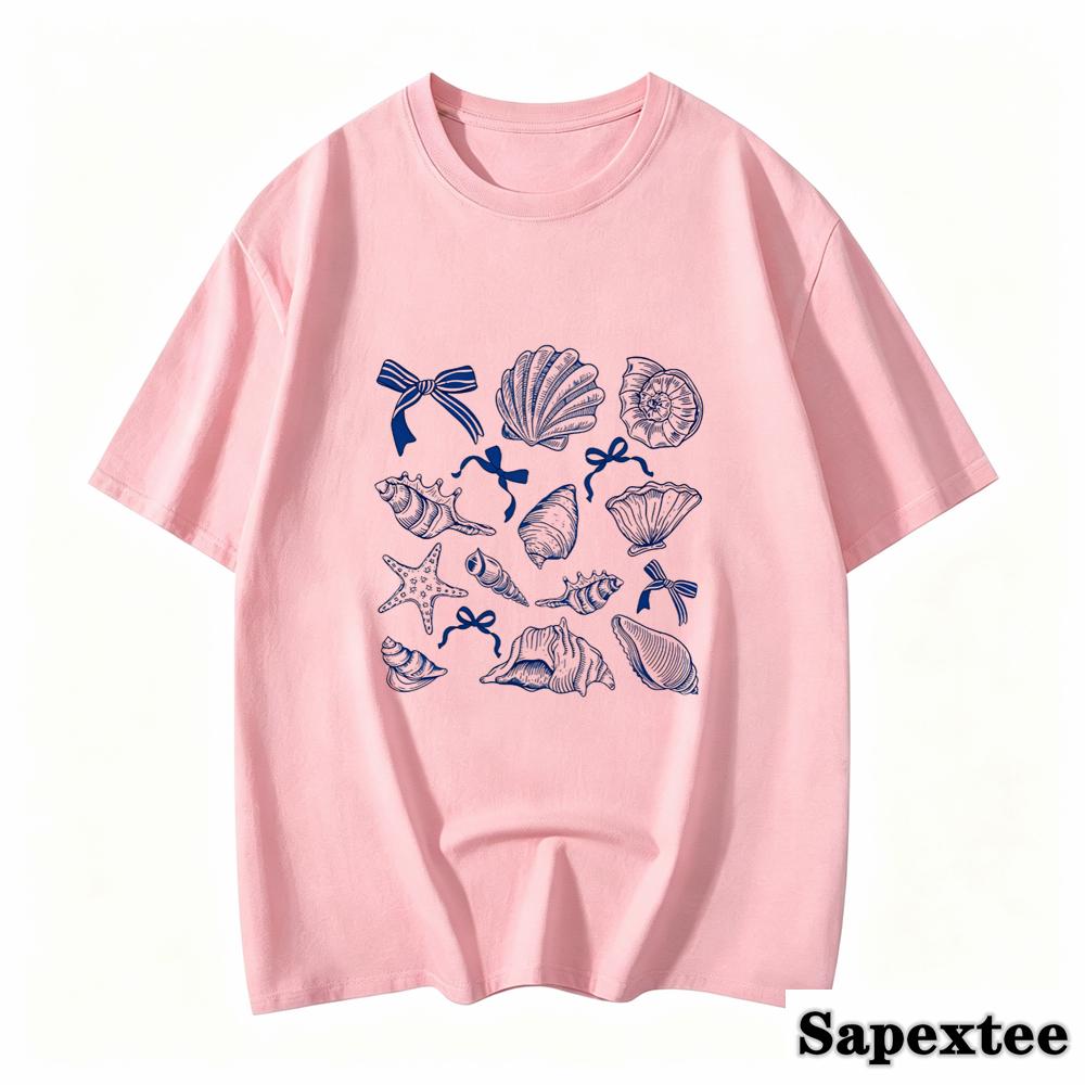 Summer American Retro Y2k Marine Animal Conch Bow Pattern Tshirt Unisexs Loose Round Neck Street Clothing Halfsleeved Top