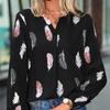 Moda Donna Primavera Autunno Casual Bluse e Camicie a Maniche Lunghe con Stampa Foglie e Scollo a V