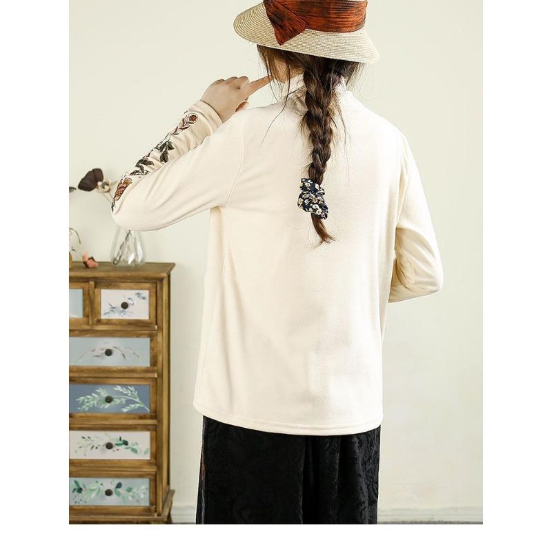Otoño Invierno Cuello Medio Alto Estilo Étnico Vintage Bordado Jersey Top Mujer Manga Larga Camiseta Básica