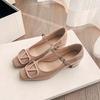 French square head medium heel Mary Jane shoes 25 new V buckle single shoes retro thick heel versatile women's shoes patent leather high heels